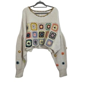 Free People Dahlia Sweater Crochet Granny Square Slouchy Boho Grannycore Medium